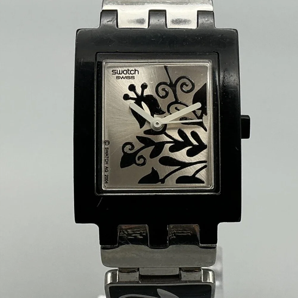 Vintage Swatch Womens Watch 24mm Silver Tone Black Floral Swiss New Battery 7